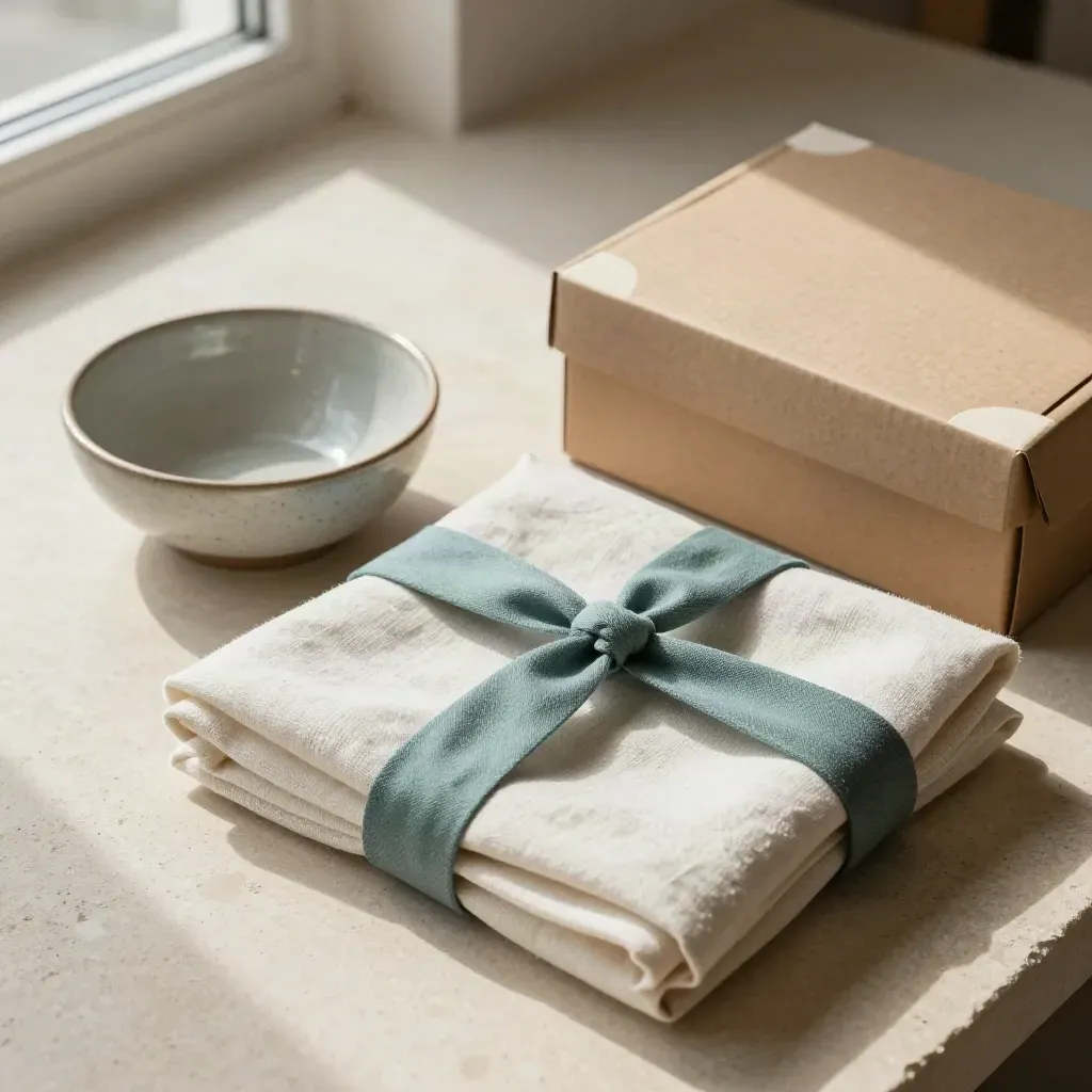 Top-down still life of linen wraps, ceramic bowl, and kraft mailer box on pale stone.