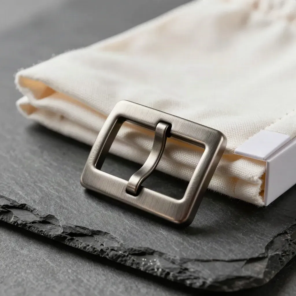Brushed metal buckle set, cotton dust bag, and corner protectors on slate stone in soft light.