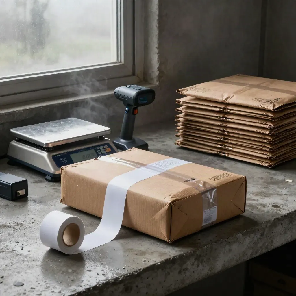 Wet parcel, scanner dock, scale, and mailer sleeves on a misty warehouse dock at dawn.