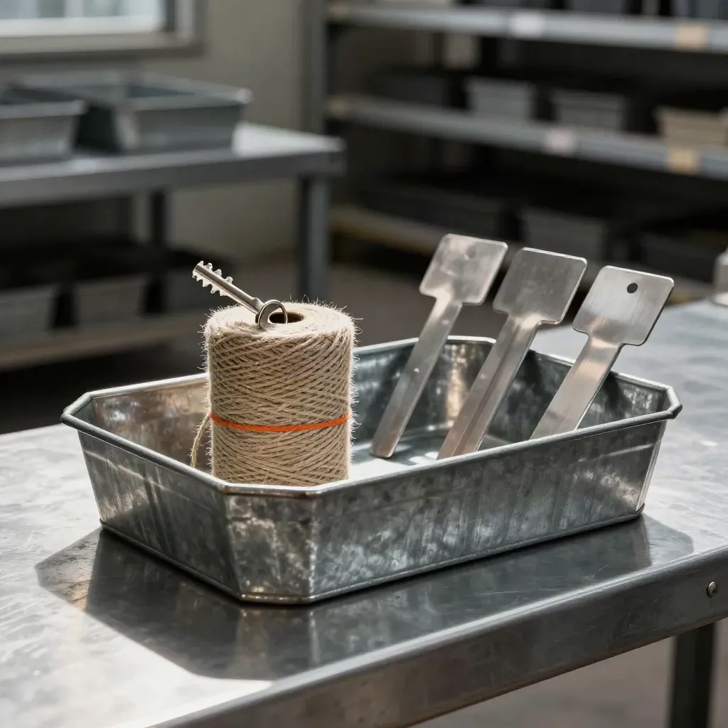 Galvanized seed tray, twine spool, and blank metal markers on brushed steel in dramatic nursery light.