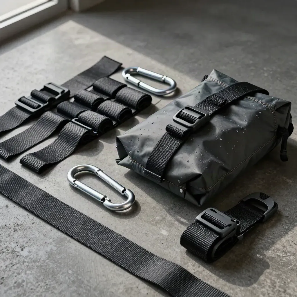 Carabiners, webbing straps, and a waterproof pouch on charcoal concrete, overhead still life.