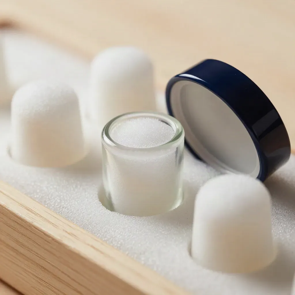 Macro of frosted vial inserts, foam cradles, and a lacquered travel cap on pale wood.