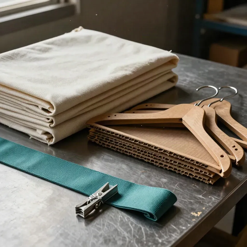Overhead still life of garment packing wraps, hanger blanks, and clips on brushed metal.