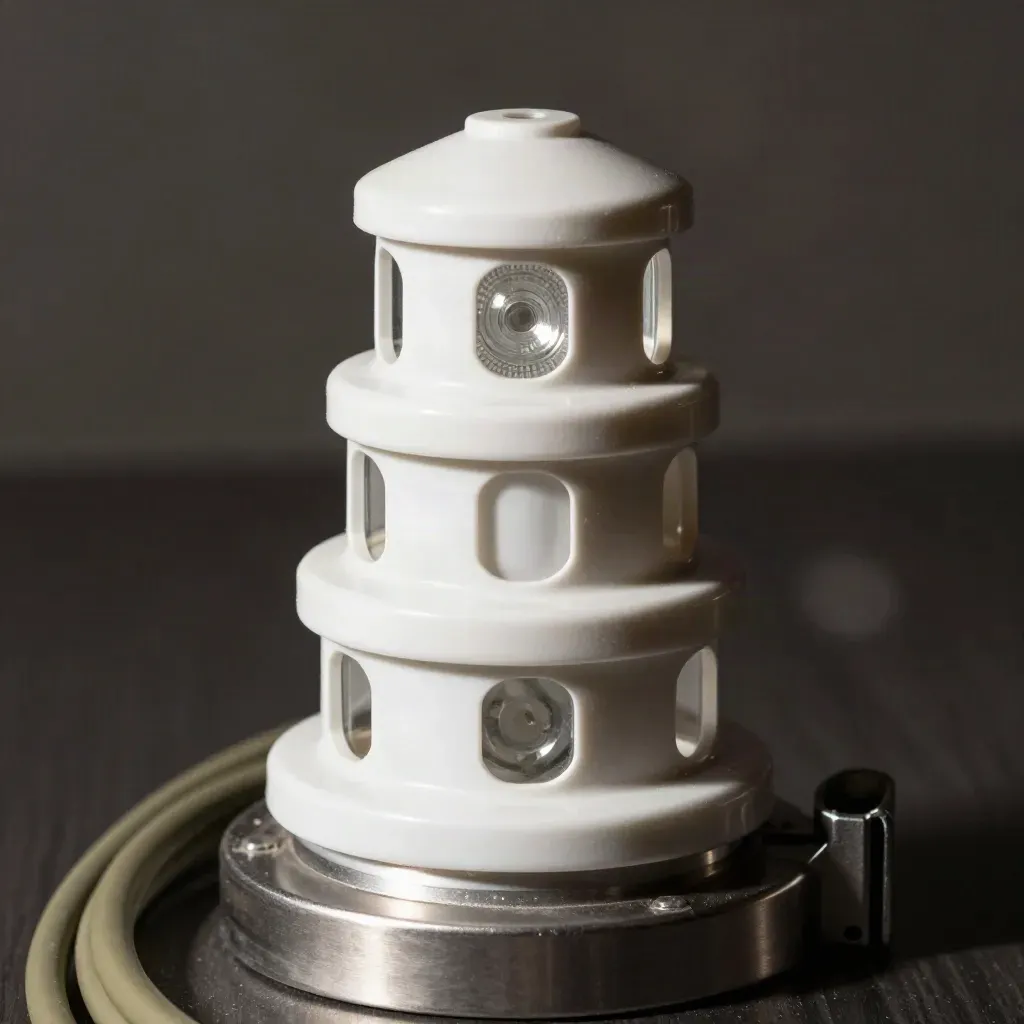 Stack light tower on brushed metal with coiled cable, lit dramatically in a tense macro still life.