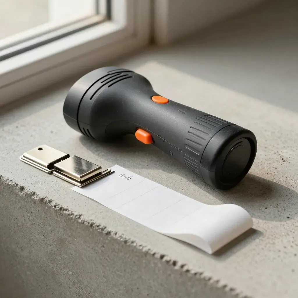 Barcode scanner dock with blank labels and two metal parcel clips on concrete.