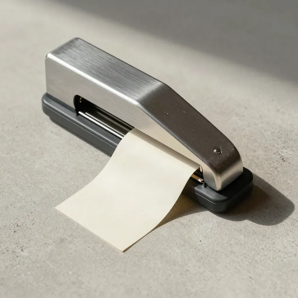 Aluminum label dispenser and paper trimmer with adhesive sheets on pale concrete, lit from upper left.
