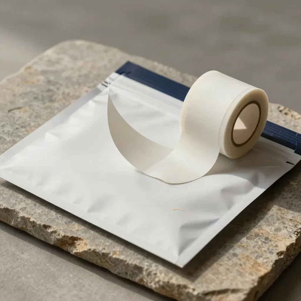 Return mailer pouch, label roll, and curling liner on stone in soft daylight.