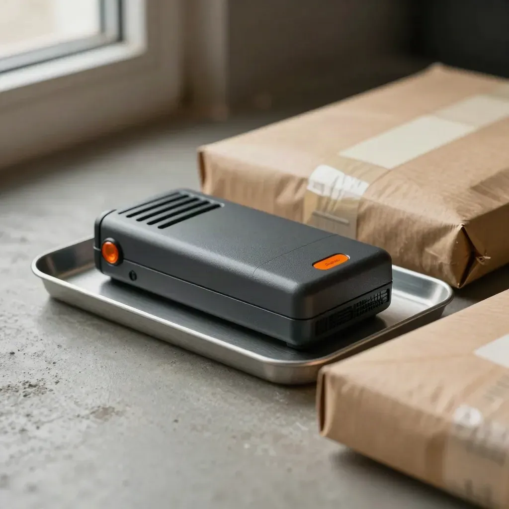 Warehouse pager beside a sealed parcel and note flags in a shallow tray on concrete.