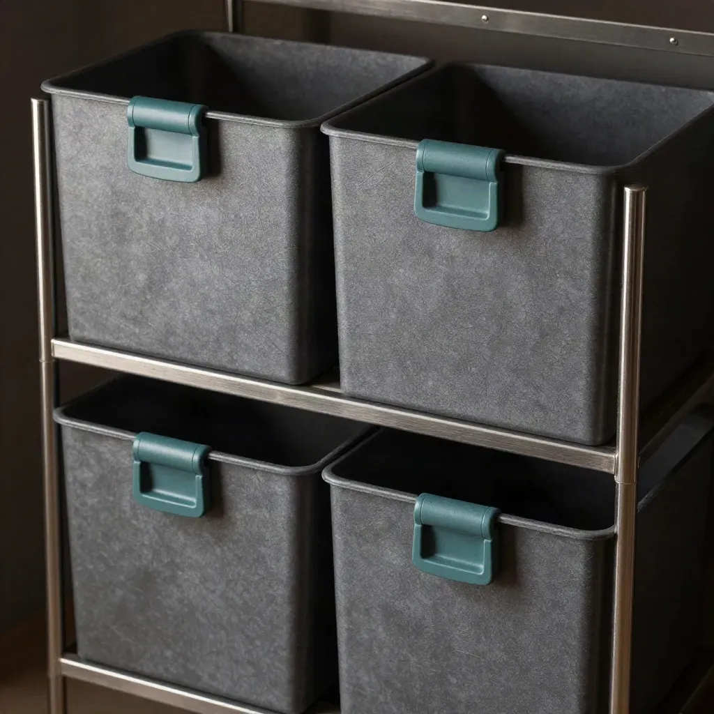 Overhead macro of two storage totes, a steel weight, and four bin dividers on brushed metal.