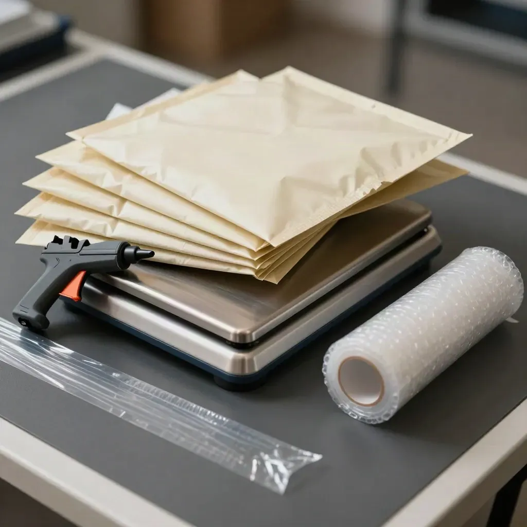 Mailers, tape gun, bubble wrap, and shipping scale on a packing bench