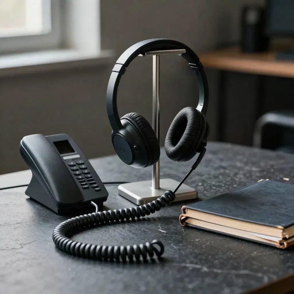 Headset, desk phone base, and notebook on dark stone, shot through a coiled cord.