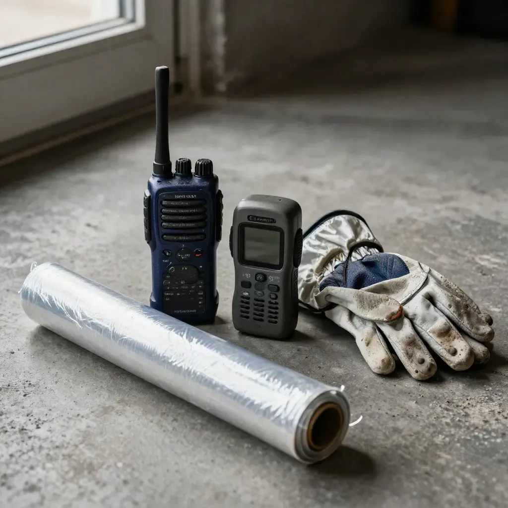 Warehouse radio, scanner, pallet wrap, and glove on concrete, shot through plastic wrap.