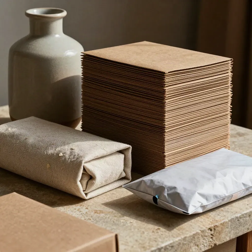 Kraft mailers, vase box, linen wrap and parcel stacked on warm stone with soft teal accent.