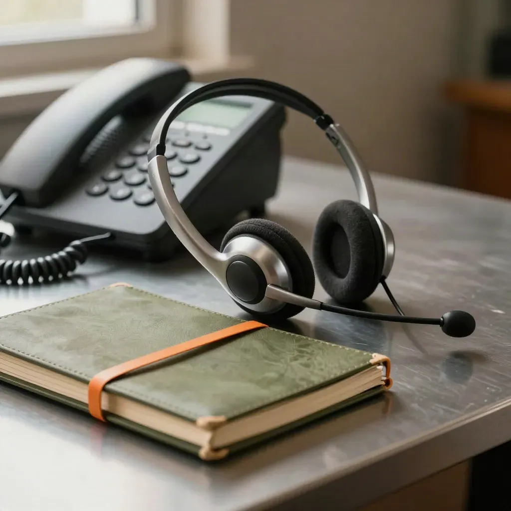 Headset beside a desk phone and closed notebooks on brushed metal, lit dramatically.