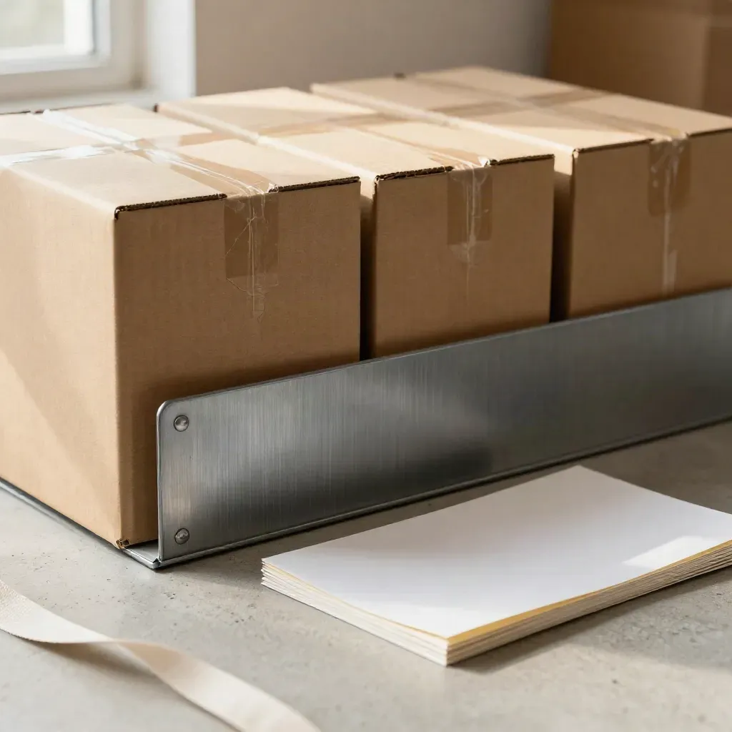 Top-down closeup of shipping cartons, metal divider, and packing folder on concrete.