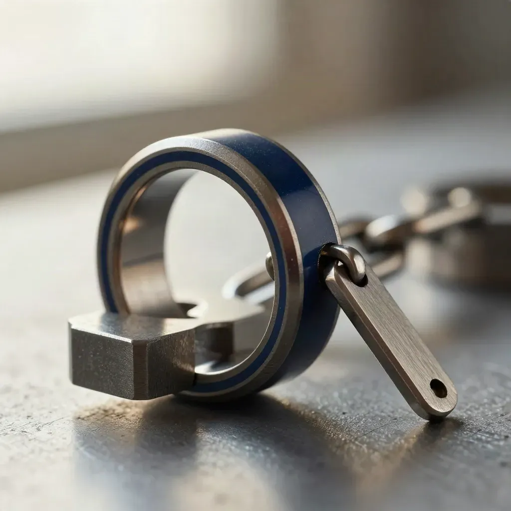 Macro of machined rings and a bridge connector on brushed steel, with a navy accent.