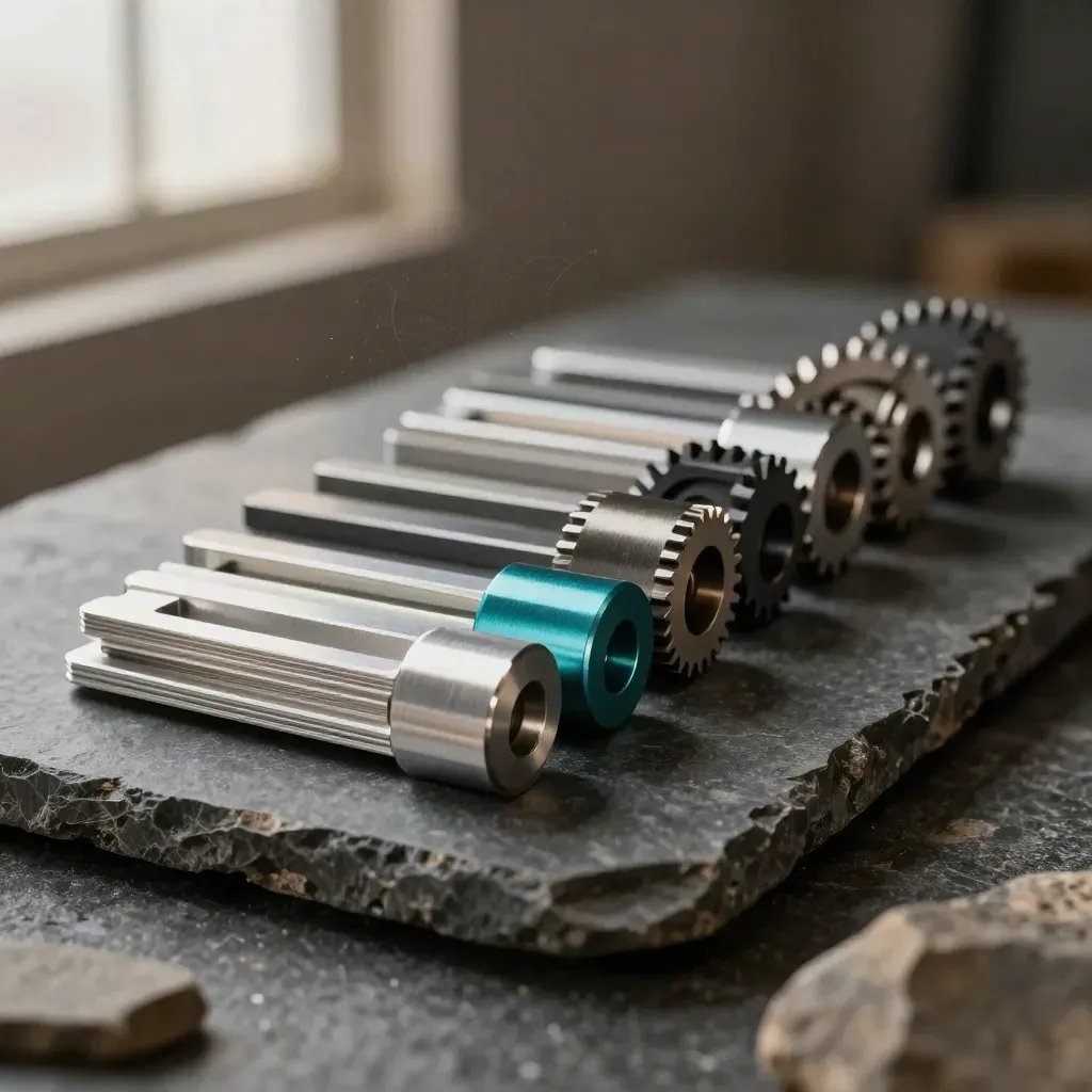 Stacked metal spacers, keyed plates, and a small gear cluster on dark stone with teal accent