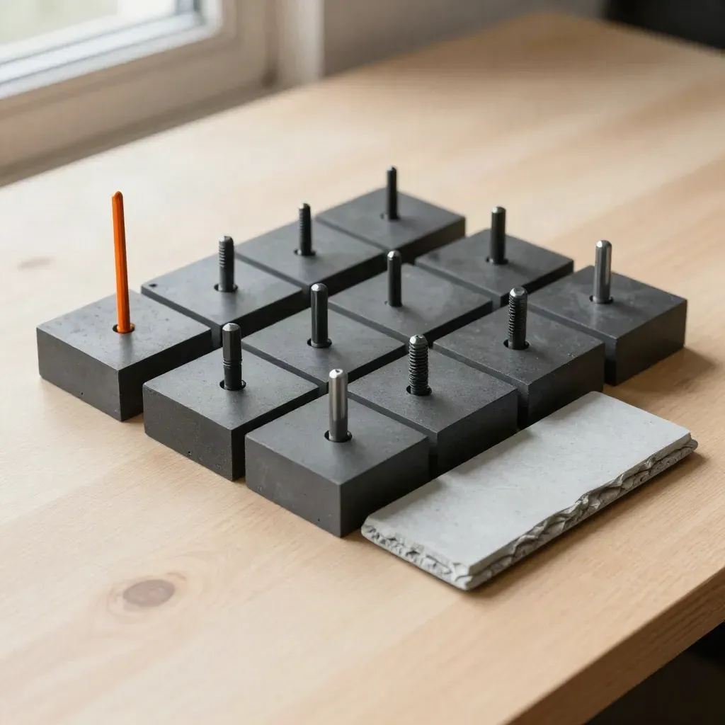 Graphite blocks and alignment pins forming a modular grid on pale wood.