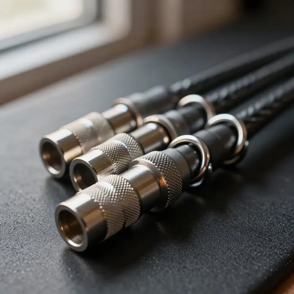 Macro of linked metal connectors and ferrules on a black rubber mat with soft window light.
