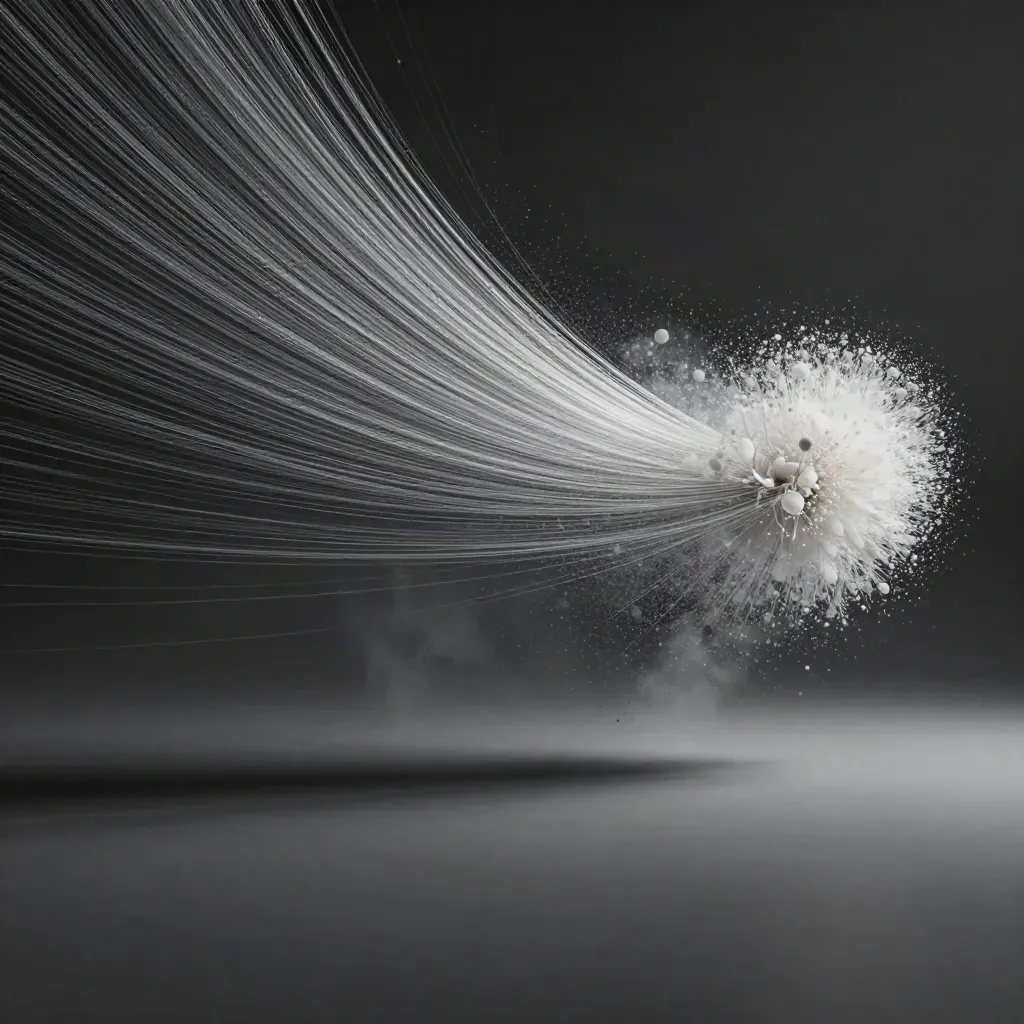Silver filaments stream into a soft white bloom in deep graphite haze, diagonal and atmospheric.